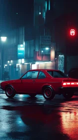 Red coupe slices neon rain on slick cyberpunk street.