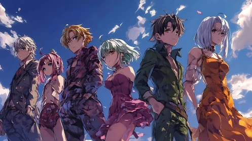 Determined anime heroes stand united beneath a vivid sky