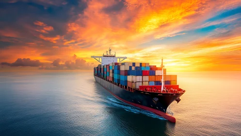 Container ship moves across calm ocean under vivid sunset