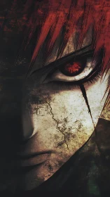 Digital close-up shows cracked stylized face and single eye