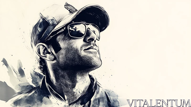 Monochrome vector portrait of sunglasses man in side profile.