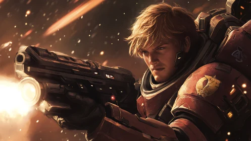 Digital painting of armored space marine in kinetic combat portrait.