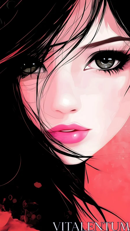 Pink-lit anime portrait with glossy lips and dark hair.