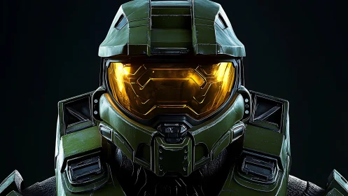 Bold green space armor stands ready behind golden visor glow