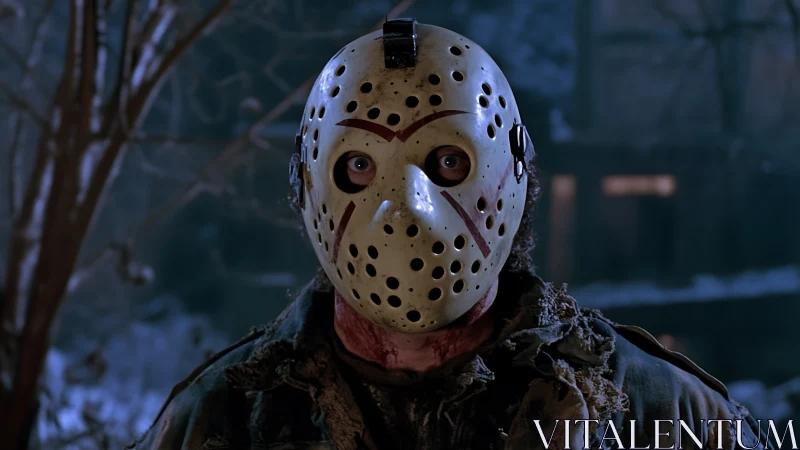 Masked horror figure stands in cold moonlit forest clearing