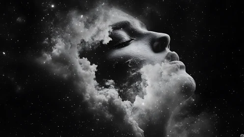 Human face emerging from cosmic clouds in space art.