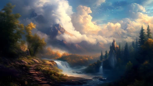 Mist-draped mountains trade secrets with glowing river falls