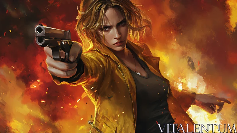 Fierce gunwoman advances through raging cinematic flames.