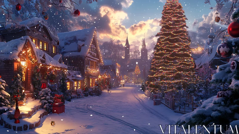 Digital painting of illuminated winter village street at dusk.