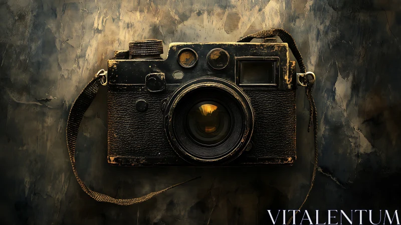 Vintage rangefinder camera on textured dark background.