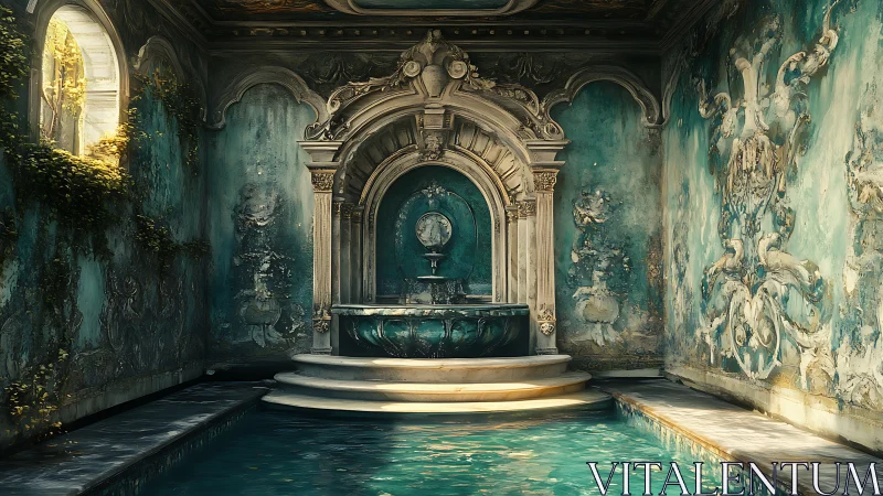 Ornate turquoise indoor pool with classical stone fountain.