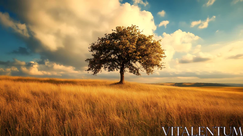Isolated field tree under dramatic stratocumulus sky at golden hour