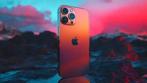 Apple iPhone 13 Pro displaying gradient iridescence against twilight landscape backdrop.