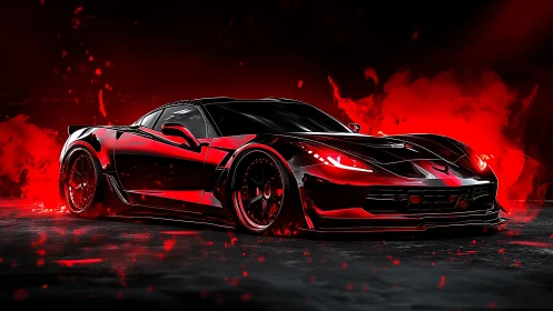 Glossy red sports car in dramatic neon smoke environment.