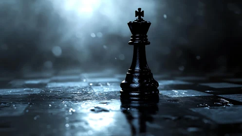 Black king chess piece on wet reflective board surface.