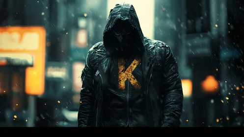 Hooded vigilante in neon rain with glowing K emblem dominates