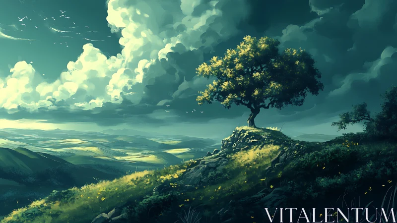 Solitary hilltop tree overlooks sunlit rolling valley
