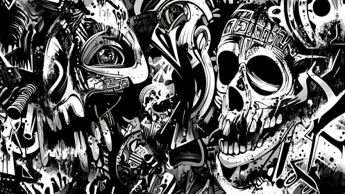 Monochrome skull riot swirling in chaotic graffiti storm.