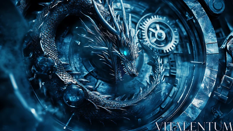 Clockwork frost dragon coiled within glowing gear vault.