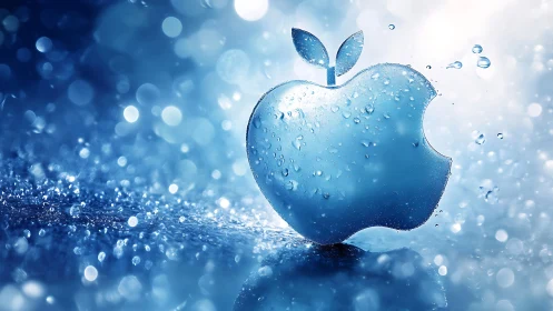 Translucent apple logo splashes through glowing blue water
