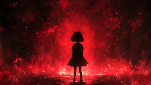 Silhouetted girl confronts infernal red abstract light field.