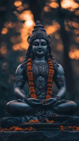 Evening serenity with a meditative Shiva statue aglow.