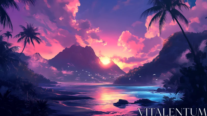 Tropical lagoon sunset with neon sky and silhouetted palms.