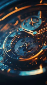 Macro view of mechanical watch escapement in teal and amber glow