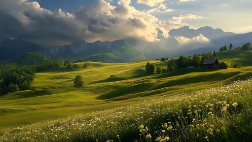 Sunlit alpine meadow under convective cloud shadow gradients.