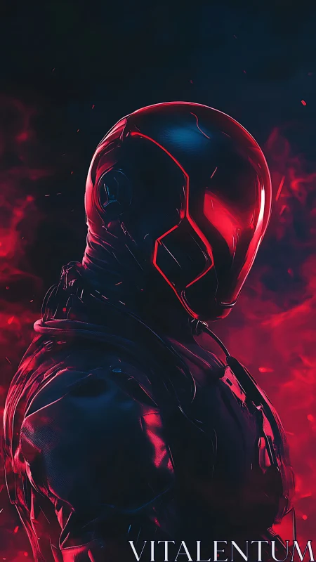 Futuristic armored figure stands in red smoke and darkness