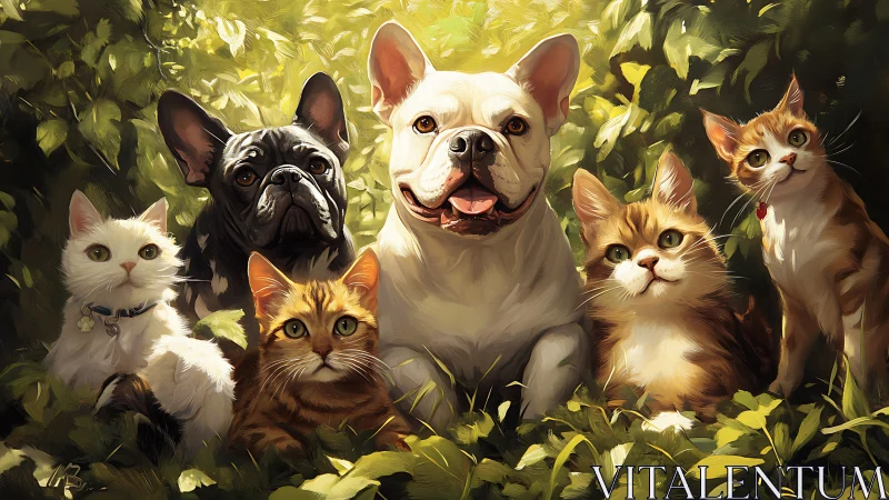 Delightful Gathering of Cats and Dogs in Golden Garden Light.