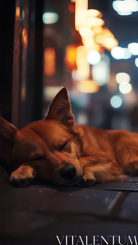 Sleepy street pup resting beneath soft city lights.