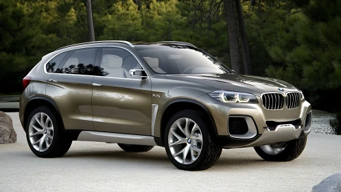 Modern metallic SUV stands parked on forest lakeside road