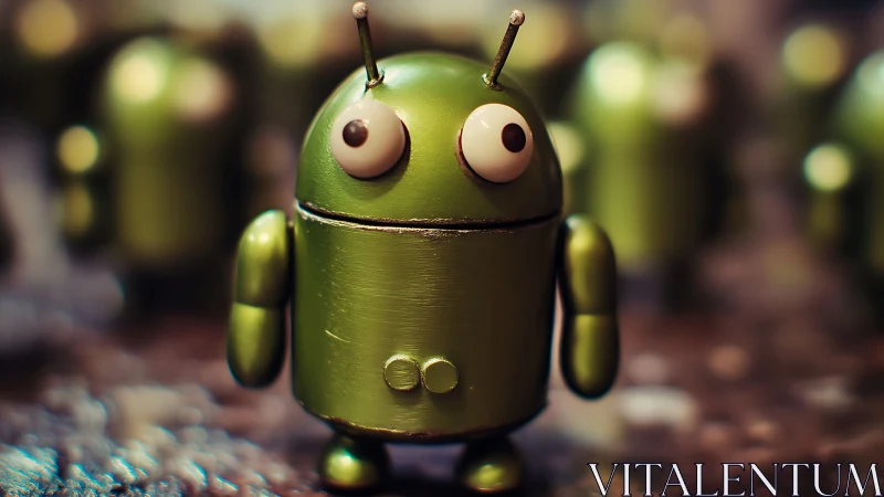 Green toy robot figure stands in sharp focus among others