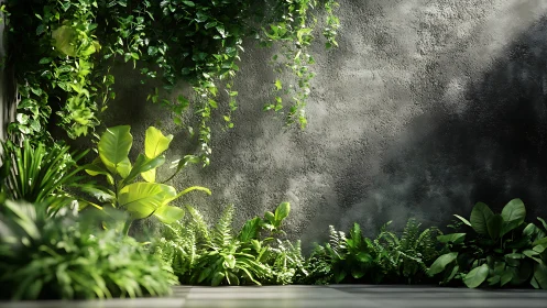 Indoor green garden against textured concrete wall.