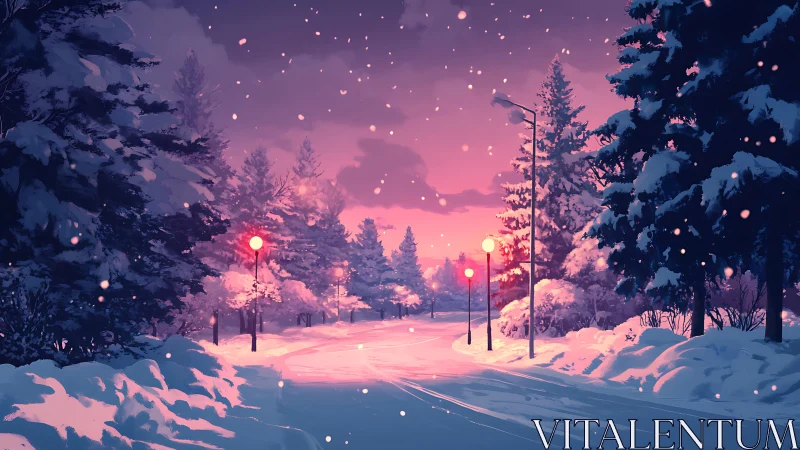 Twilight snowfield roadway with luminous lamppost diffusion.