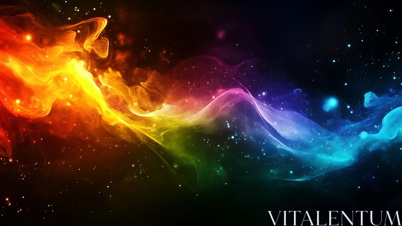 Prismatic nebula stream with luminous cosmic particle field.