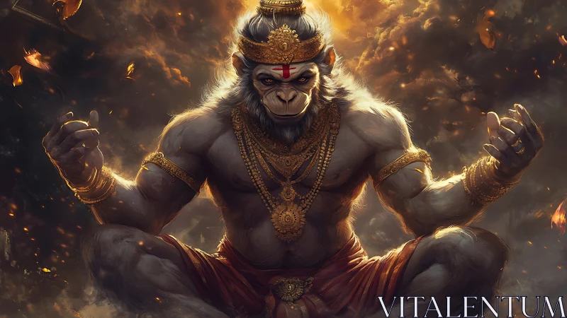 Fiery simian deity in molten meditation above swirling embers.