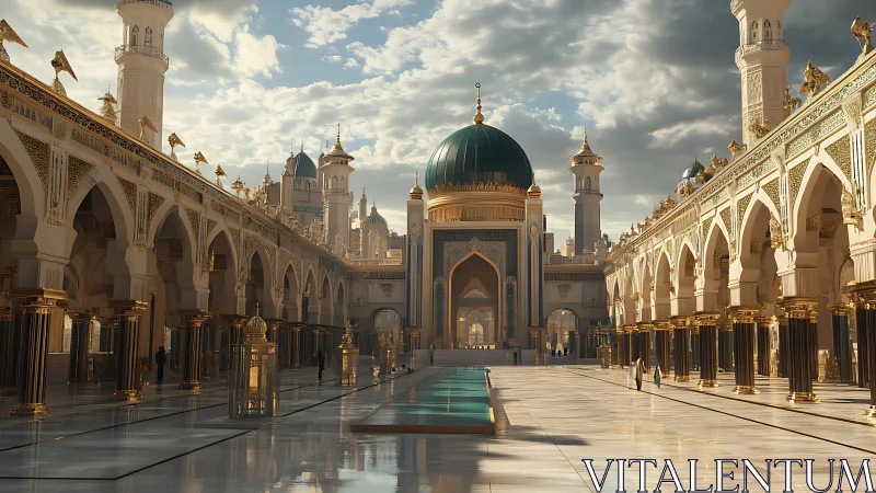 Sunlit emerald dome above a golden courtyard of quiet reverence.