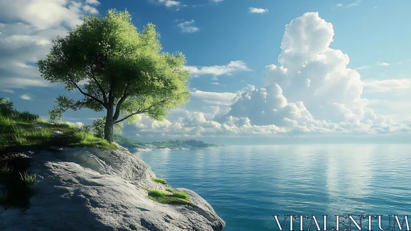 Solitary tree on rocky coastal cliff overlooking calm turquoise sea.