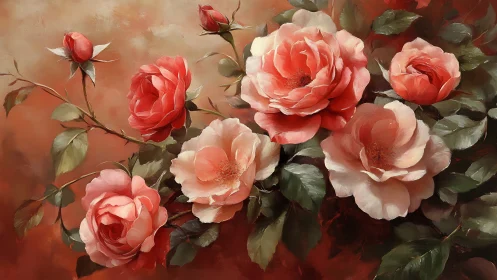 Vintage Oil Rendering: Garden Roses in Coral and Cream Tones