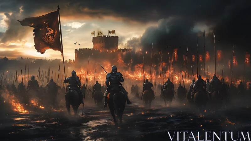 Armored cavalry charges burning fortress under storm sky.