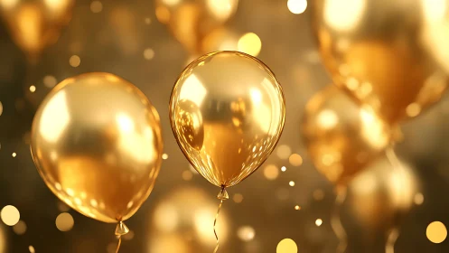 Golden Balloons Floating in Luminous Bokeh Light