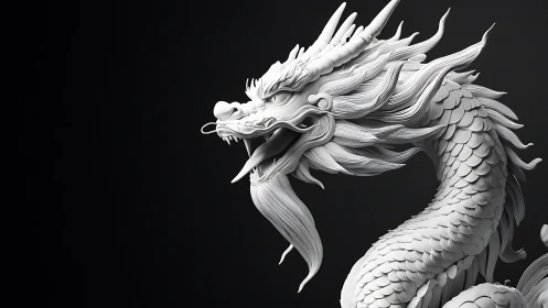 White 3D Chinese dragon sculpture on black background.
