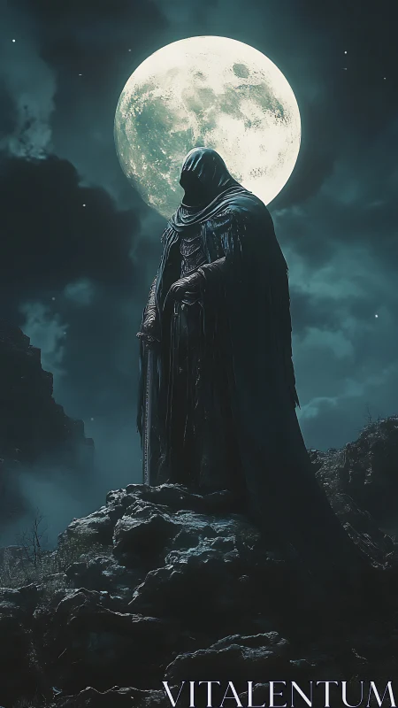 Hooded wraith silhouetted against luminous full moon.
