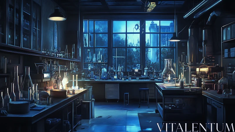 Cozy midnight laboratory aglow with curious blue light.
