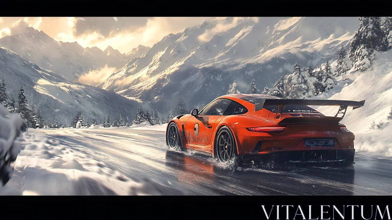 Orange track car powers through reflective alpine snow road.