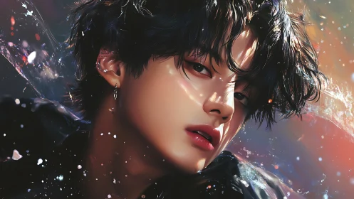 Chromatic portrait of wet-haired youth in refracted splashes.