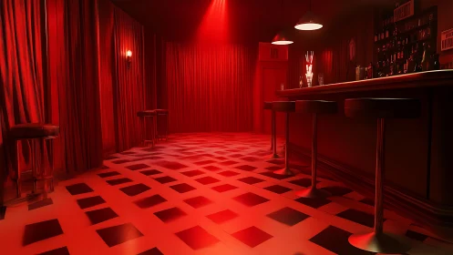 Monochromatic red cocktail bar interior with geometric floor
