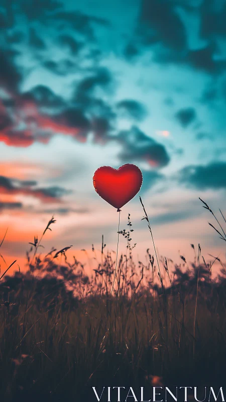 Heart Balloon at Sunset: Romantic Landscape Composition.